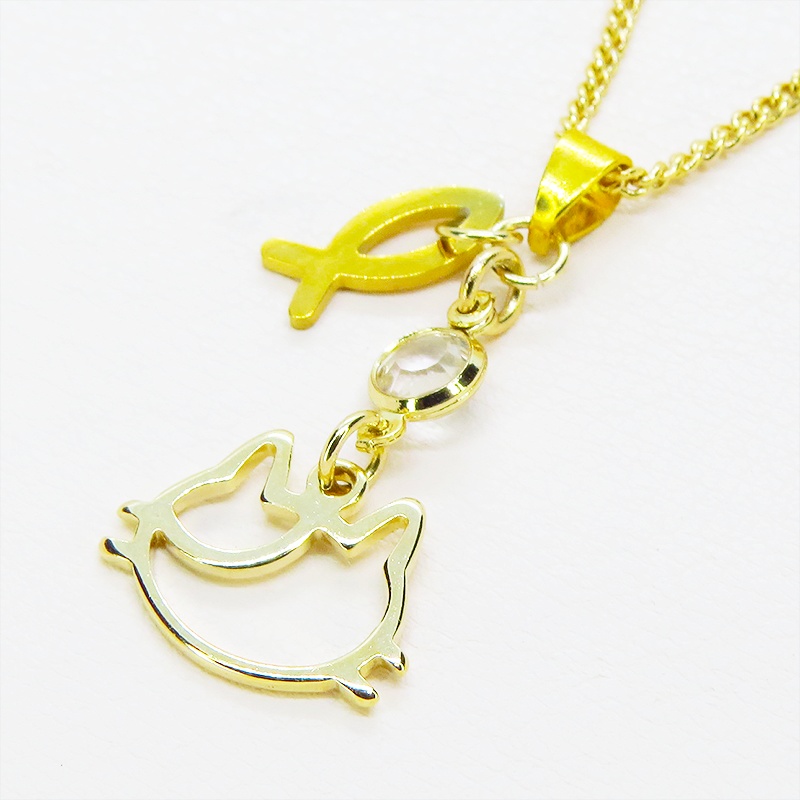 ゴールドカラー 三毛猫フェイスとラインストーンを組合せたコンパクトなネックレス 長さ調整可 ステンレス可