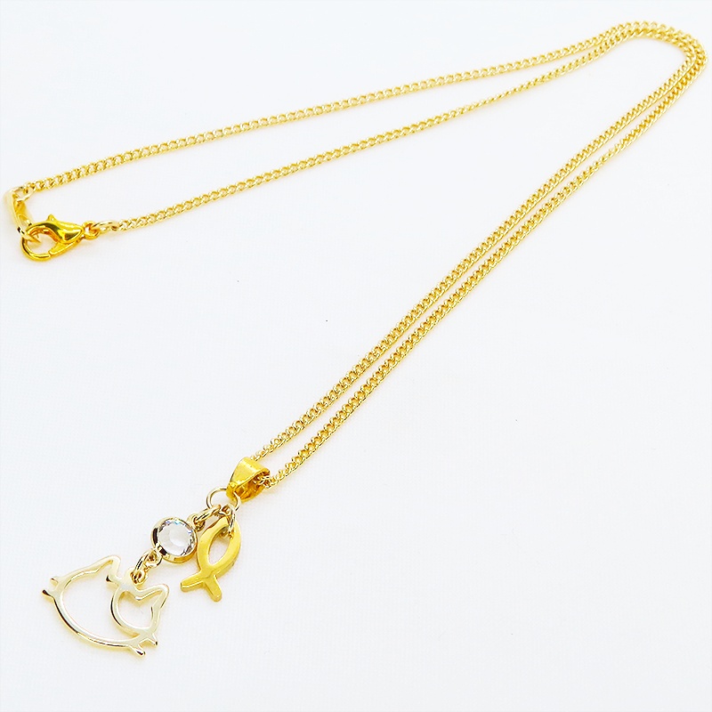 ゴールドカラー 三毛猫フェイスとラインストーンを組合せたコンパクトなネックレス 長さ調整可 ステンレス可