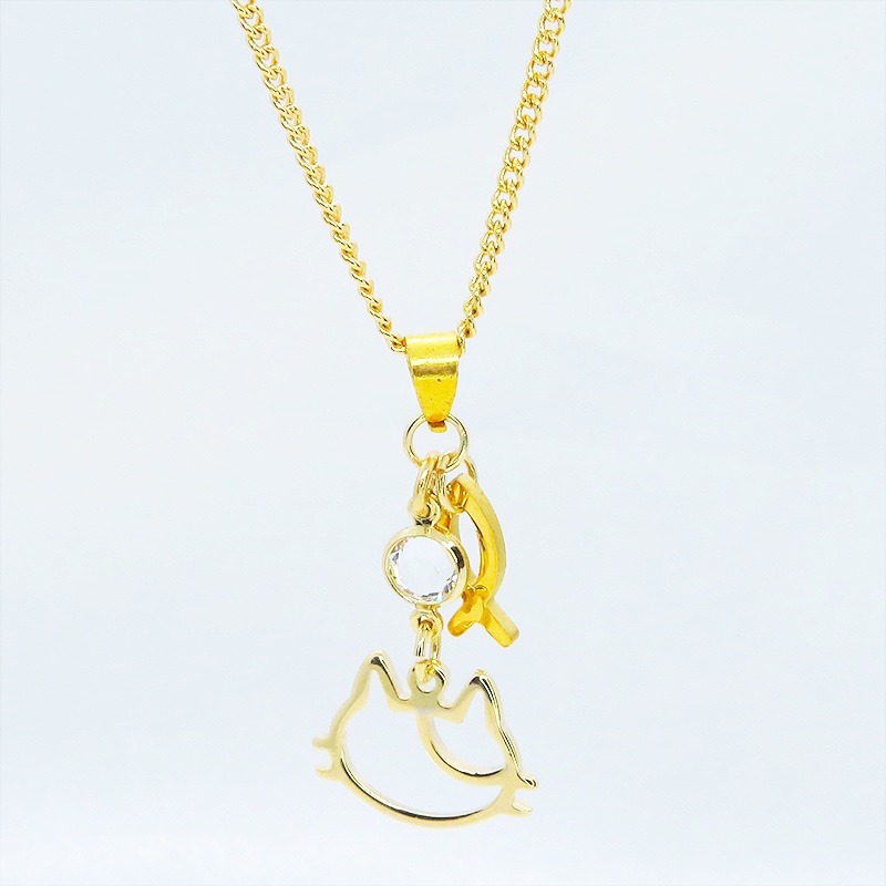 ゴールドカラー 三毛猫フェイスとラインストーンを組合せたコンパクトなネックレス 長さ調整可 ステンレス可