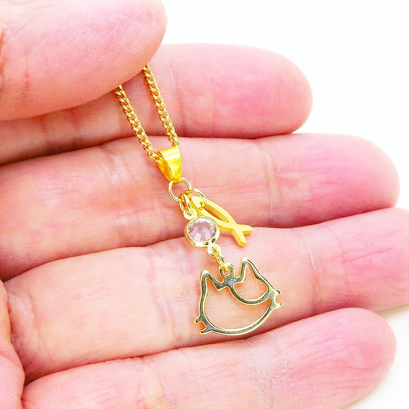 ゴールドカラー 三毛猫フェイスとラインストーンを組合せたコンパクトなネックレス 長さ調整可 ステンレス可