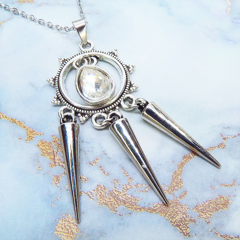 アンティークシルバー ラインストーンティアドロップとタッセルスパイクのネックレス 色選択可 長さ調整可