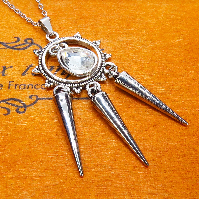 アンティークシルバー ラインストーンティアドロップとタッセルスパイクのネックレス 色選択可 長さ調整可