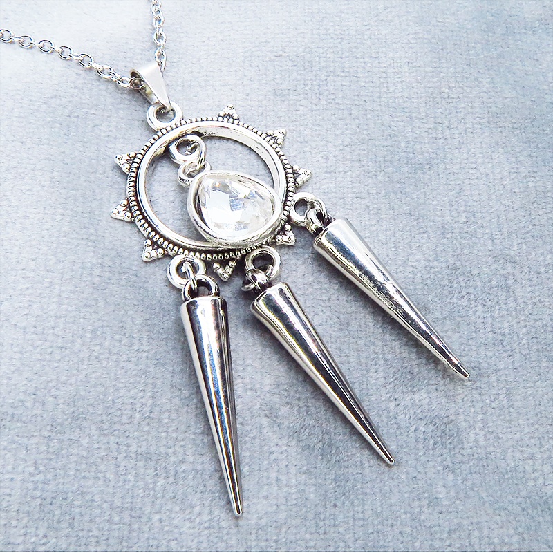 アンティークシルバー ラインストーンティアドロップとタッセルスパイクのネックレス 色選択可 長さ調整可