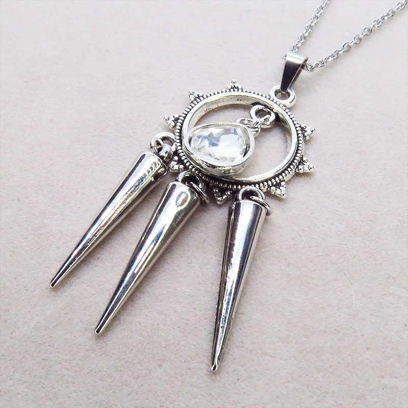 アンティークシルバー ラインストーンティアドロップとタッセルスパイクのネックレス 色選択可 長さ調整可