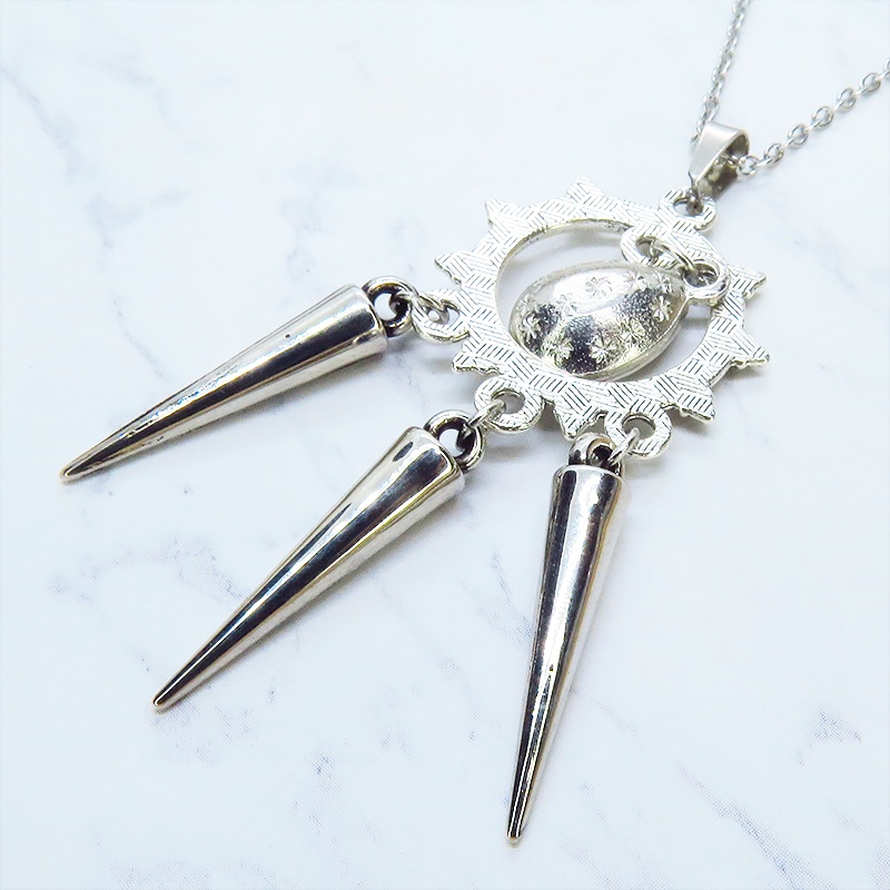 アンティークシルバー ラインストーンティアドロップとタッセルスパイクのネックレス 色選択可 長さ調整可