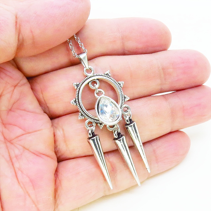 アンティークシルバー ラインストーンティアドロップとタッセルスパイクのネックレス 色選択可 長さ調整可