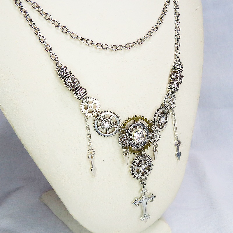 アンティークシルバー ロザリオと歯車のスチームパンクな多層多重ネックレス 長さ調整可 ラインストーン