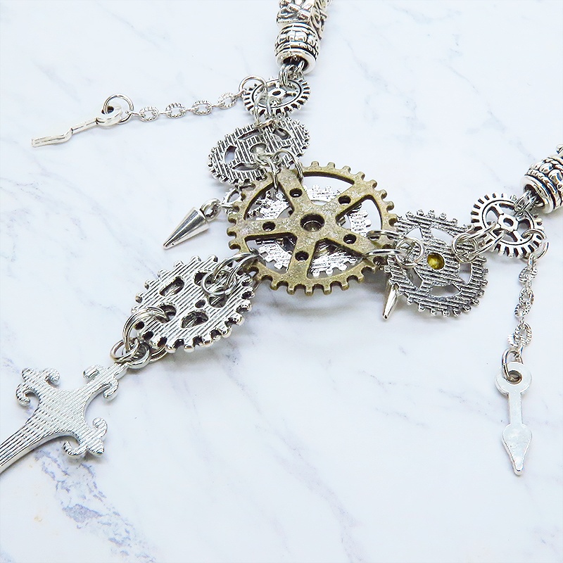 アンティークシルバー ロザリオと歯車のスチームパンクな多層多重ネックレス 長さ調整可 ラインストーン