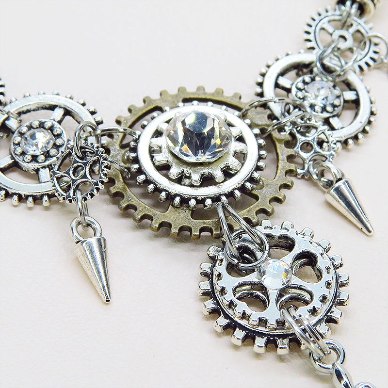 アンティークシルバー ロザリオと歯車のスチームパンクな多層多重ネックレス 長さ調整可 ラインストーン