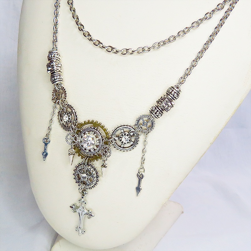 アンティークシルバー ロザリオと歯車のスチームパンクな多層多重ネックレス 長さ調整可 ラインストーン