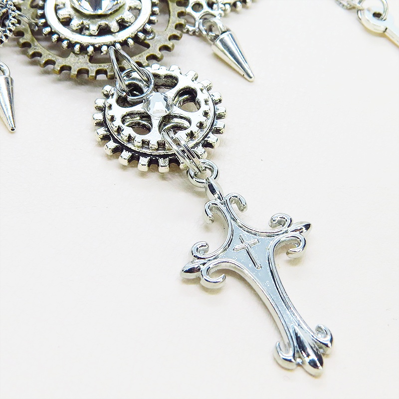 アンティークシルバー ロザリオと歯車のスチームパンクな多層多重ネックレス 長さ調整可 ラインストーン