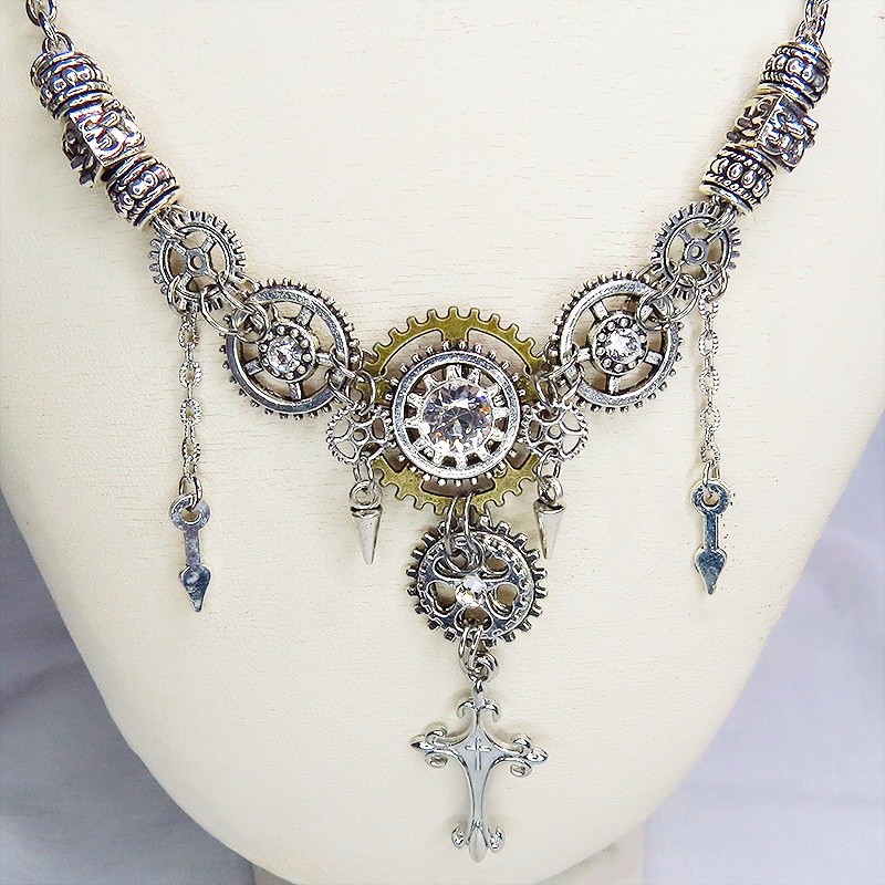 アンティークシルバー ロザリオと歯車のスチームパンクな多層多重ネックレス 長さ調整可 ラインストーン