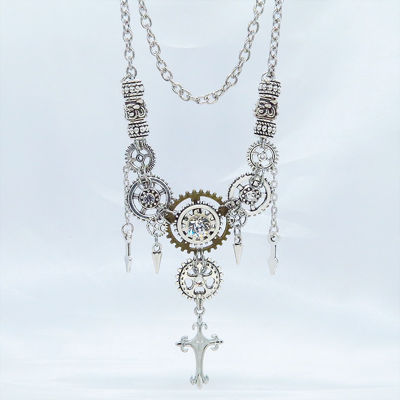 アンティークシルバー ロザリオと歯車のスチームパンクな多層多重ネックレス 長さ調整可 ラインストーン