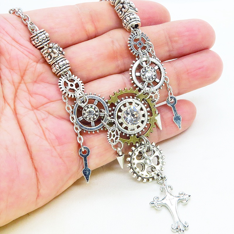 アンティークシルバー ロザリオと歯車のスチームパンクな多層多重ネックレス 長さ調整可 ラインストーン