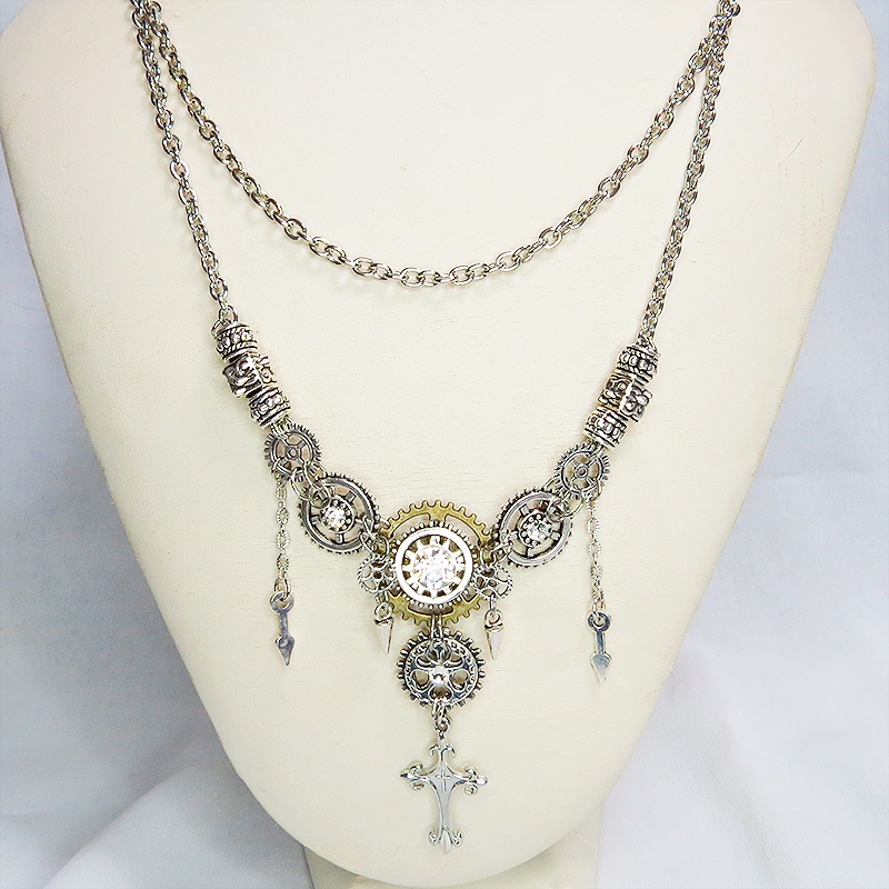 アンティークシルバー ロザリオと歯車のスチームパンクな多層多重ネックレス 長さ調整可 ラインストーン