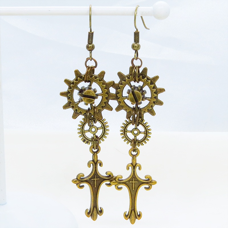 アンティークゴールド ロザリオと歯車を組合せたスリムなスチームパンク風ピアス