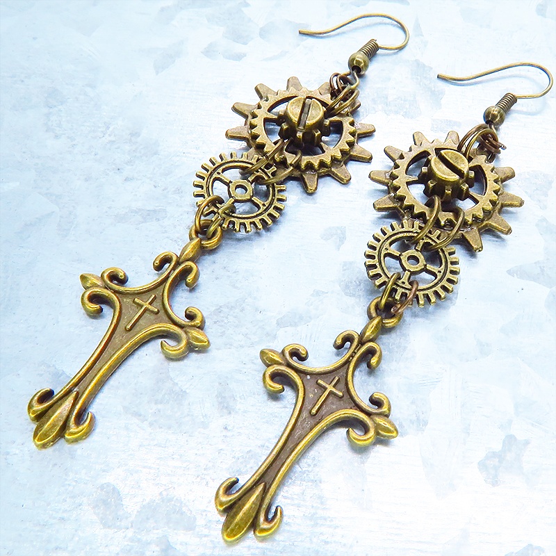 アンティークゴールド ロザリオと歯車を組合せたスリムなスチームパンク風ピアス