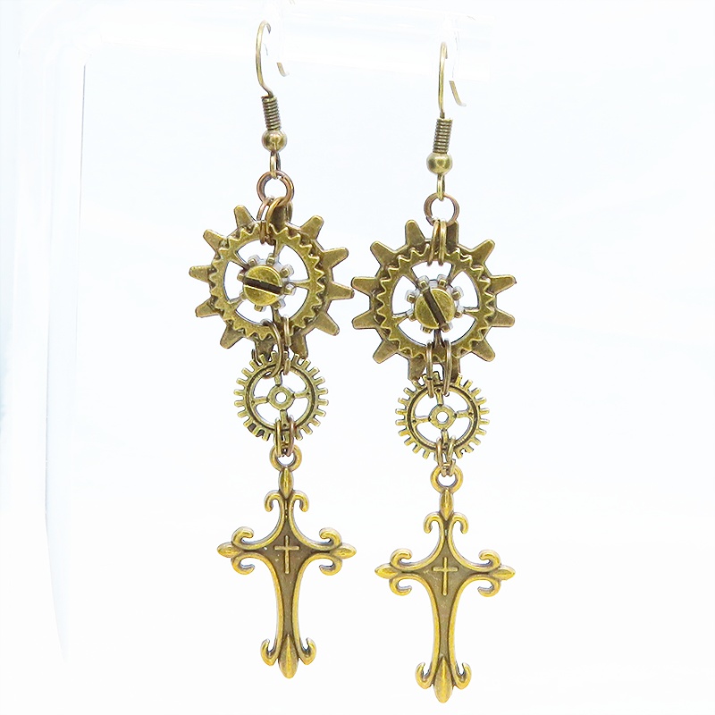 アンティークゴールド ロザリオと歯車を組合せたスリムなスチームパンク風ピアス