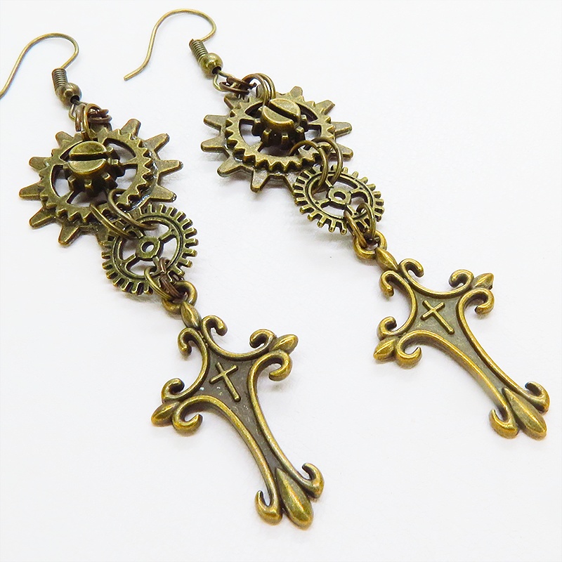 アンティークゴールド ロザリオと歯車を組合せたスリムなスチームパンク風ピアス