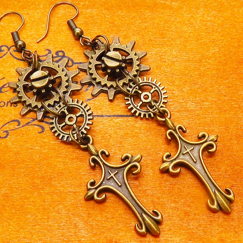 アンティークゴールド ロザリオと歯車を組合せたスリムなスチームパンク風ピアス