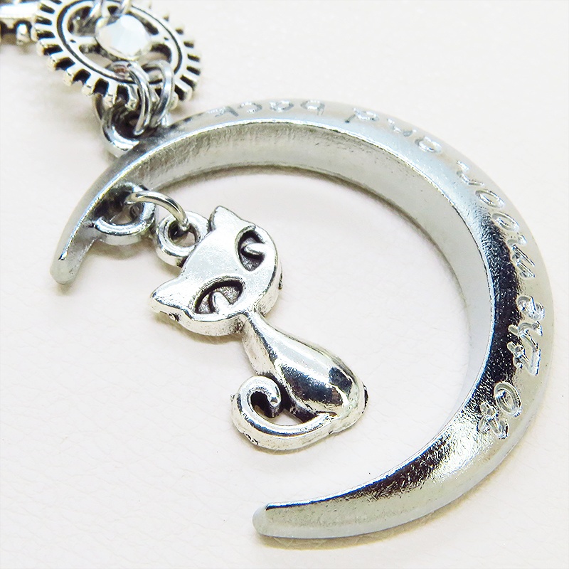 アンティークシルバー スチームパンク風の猫と三日月と歯車のペンダントネックレス ラインストーン 長さ調整可