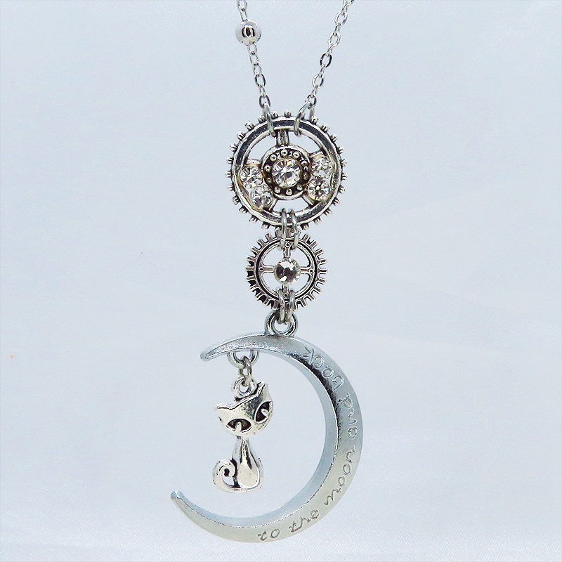 アンティークシルバー スチームパンク風の猫と三日月と歯車のペンダントネックレス ラインストーン 長さ調整可