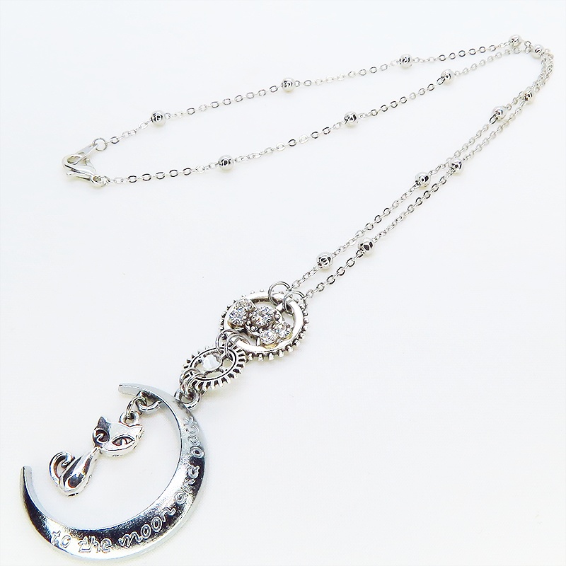 アンティークシルバー スチームパンク風の猫と三日月と歯車のペンダントネックレス ラインストーン 長さ調整可