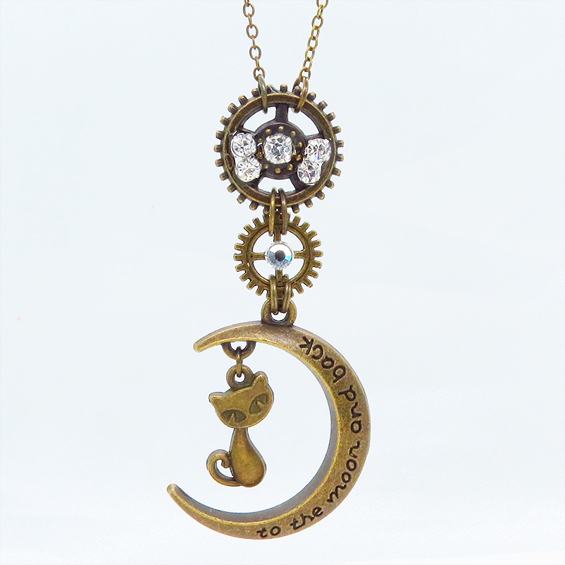 アンティークゴールド スチームパンク風の猫と三日月と歯車のペンダントネックレス ラインストーン 長さ調整可