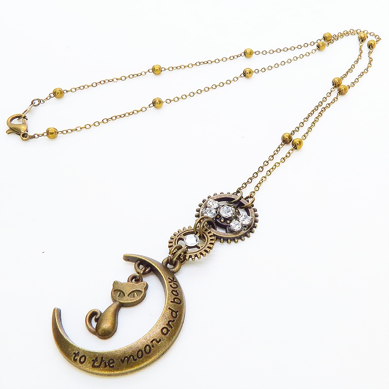 アンティークゴールド スチームパンク風の猫と三日月と歯車のペンダントネックレス ラインストーン 長さ調整可