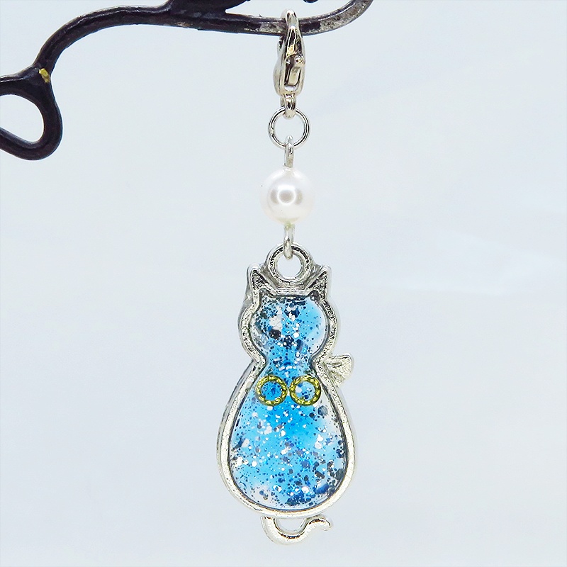 マスク・スマホチャーム シルバーカラー マリンブルー猫シルエットモチーフとスワロフスキーパール 金具変更可