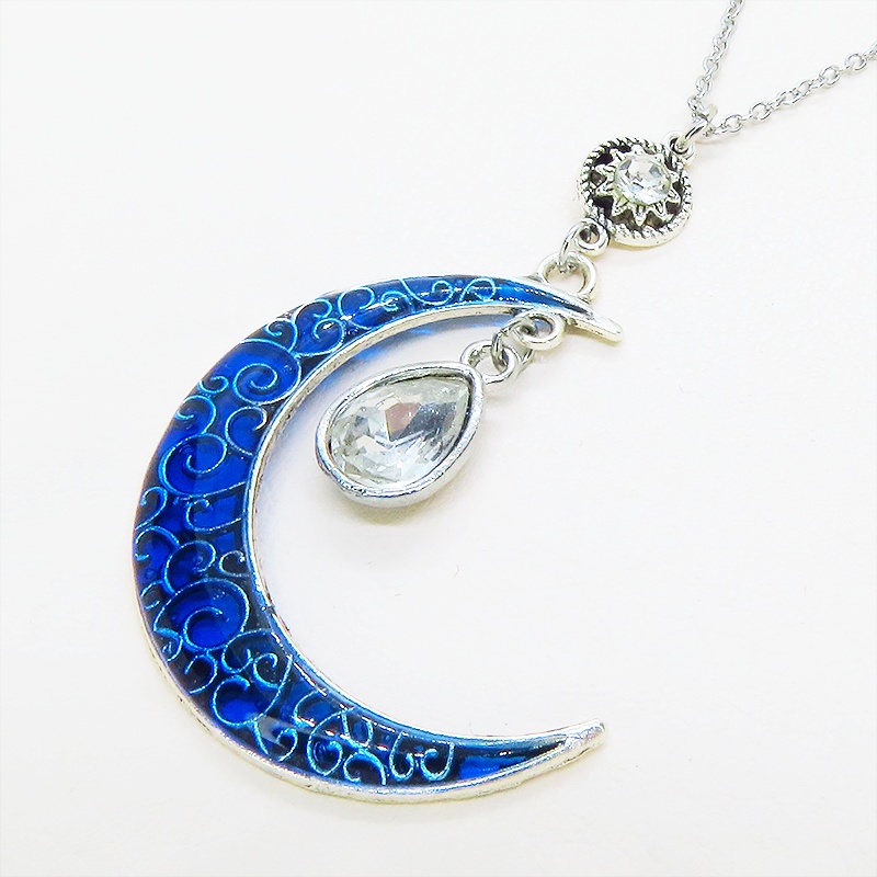 アンティークシルバー ブルームーン マリンブルーの三日月にティアドロップチャームのネックレス ラインストーン