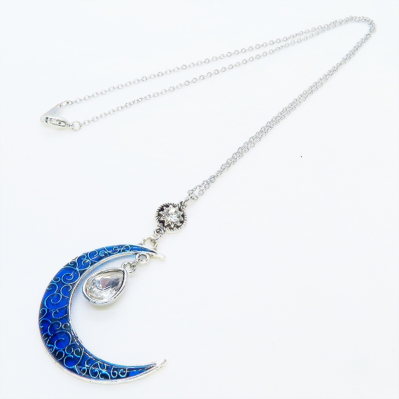 アンティークシルバー ブルームーン マリンブルーの三日月にティアドロップチャームのネックレス ラインストーン
