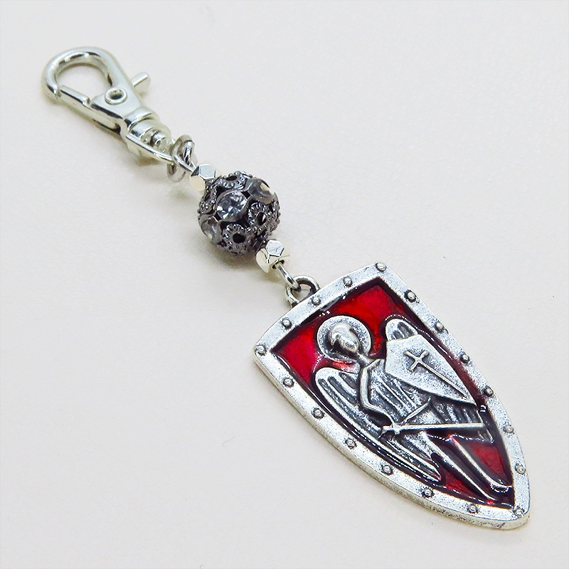 アンティークシルバー クリムゾンカラーのゴシック調の紅い紋章に輝くキーホルダー ラインストーン 金具変更可