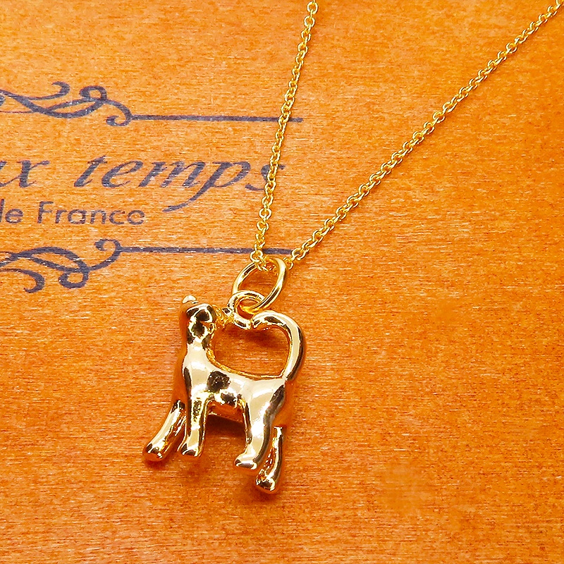 14KGF ゴールドフィルド 歩き猫モチーフのワンポイントペンダントネックレス シルバー925チェーン アジャスター可