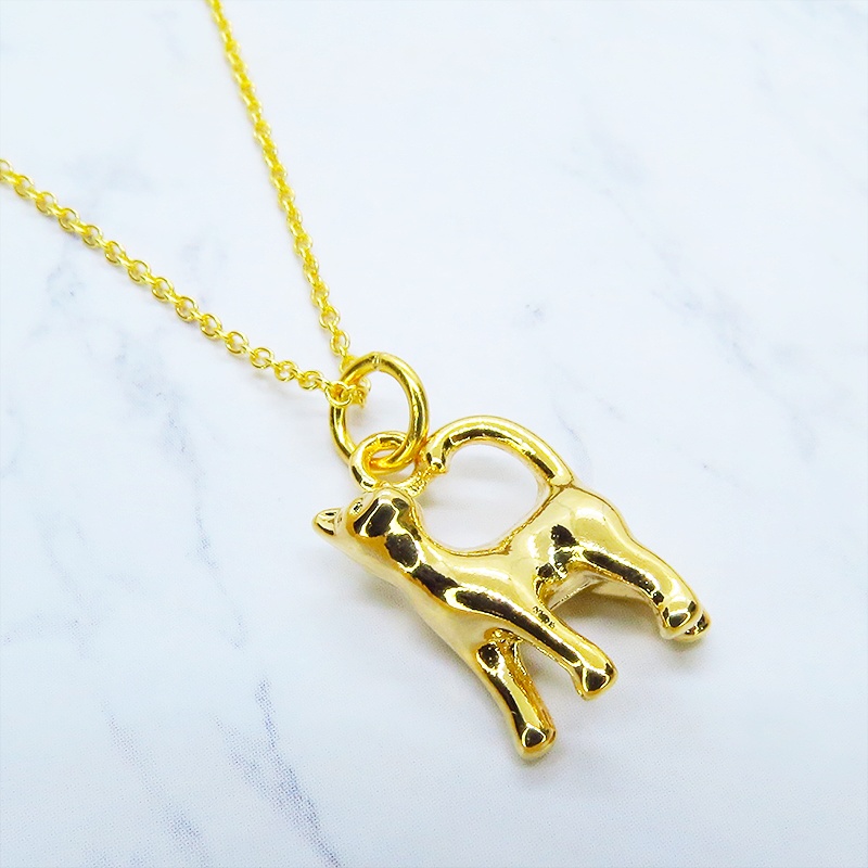 14KGF ゴールドフィルド 歩き猫モチーフのワンポイントペンダントネックレス シルバー925チェーン アジャスター可