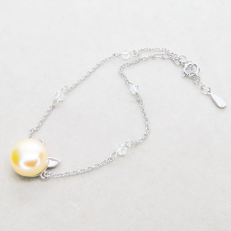 シルバー925 猫耳パールブレスレット 淡水パール(コーラルピンク)とスワロフスキーのブレスレット