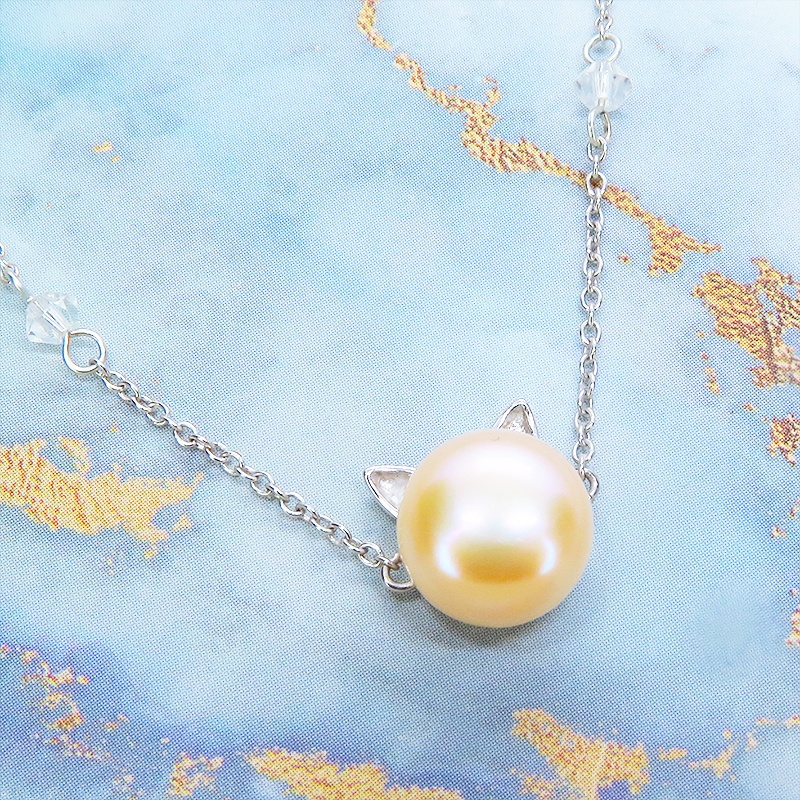 シルバー925 猫耳パールブレスレット 淡水パール(コーラルピンク)とスワロフスキーのブレスレット