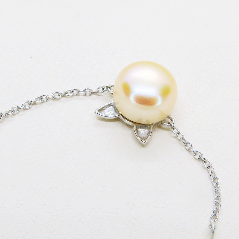 シルバー925 猫耳パールブレスレット 淡水パール(コーラルピンク)とスワロフスキーのブレスレット