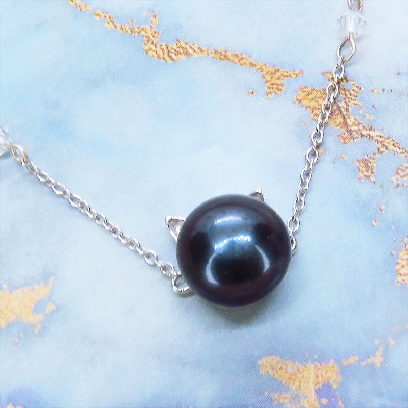 シルバー925 猫耳パールブレスレット 淡水パール(ブラック:ディープ・ブルー)とスワロフスキーのブレスレット