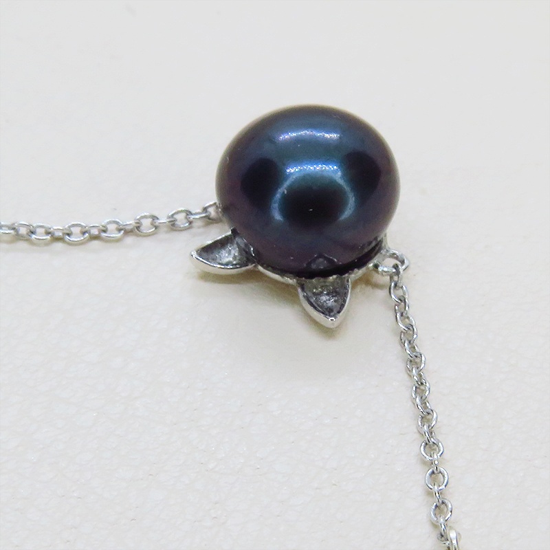 シルバー925 猫耳パールブレスレット 淡水パール(ブラック:ディープ・ブルー)とスワロフスキーのブレスレット