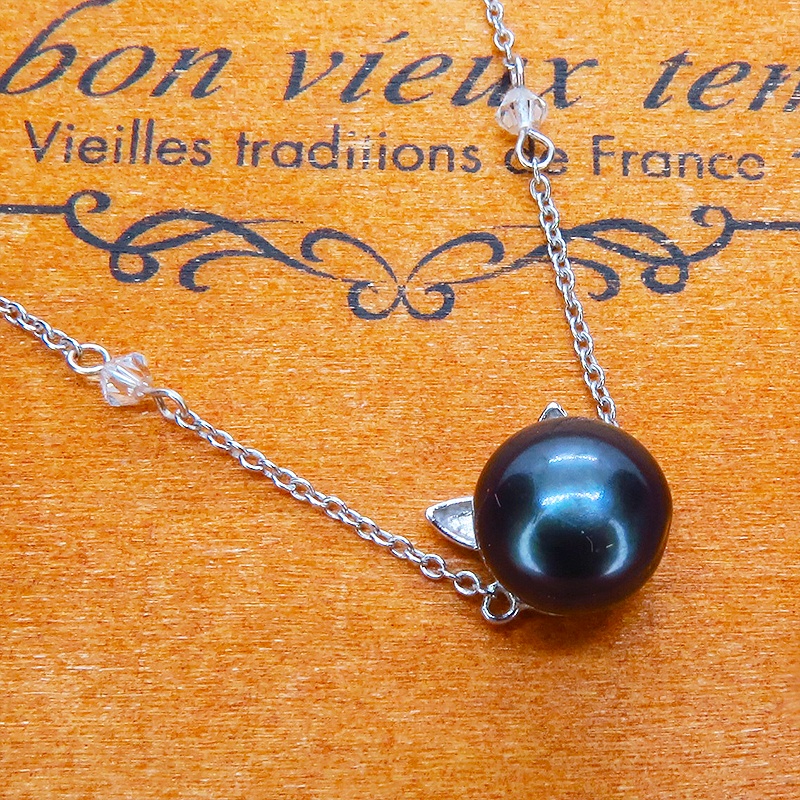 シルバー925 猫耳パールブレスレット 淡水パール(ブラック:ディープ・ブルー)とスワロフスキーのブレスレット