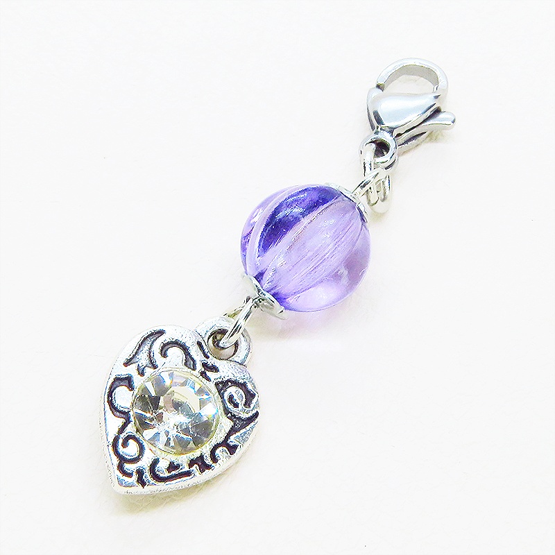 マスク・スマホチャーム アンティークシルバー アラベスク調ハートとバイオレットビーズのチャーム 金具変更可