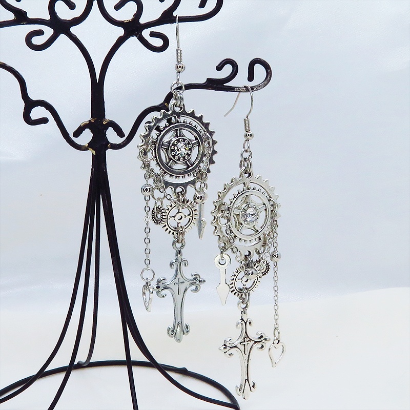 アンティークシルバー ロザリオと歯車の本格的スチームパンクピアス スワロフスキー・クリスタル チェーン サージカル可