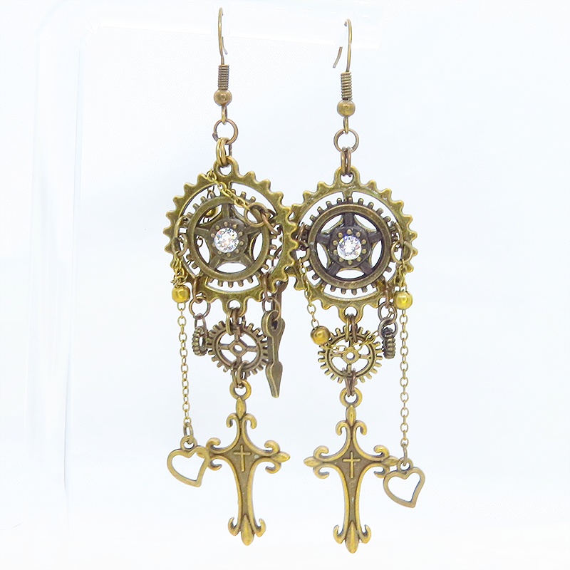 アンティークゴールド ロザリオと歯車の本格的スチームパンクピアス スワロフスキー・クリスタル チェーン