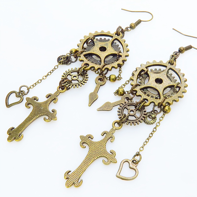 アンティークゴールド ロザリオと歯車の本格的スチームパンクピアス スワロフスキー・クリスタル チェーン
