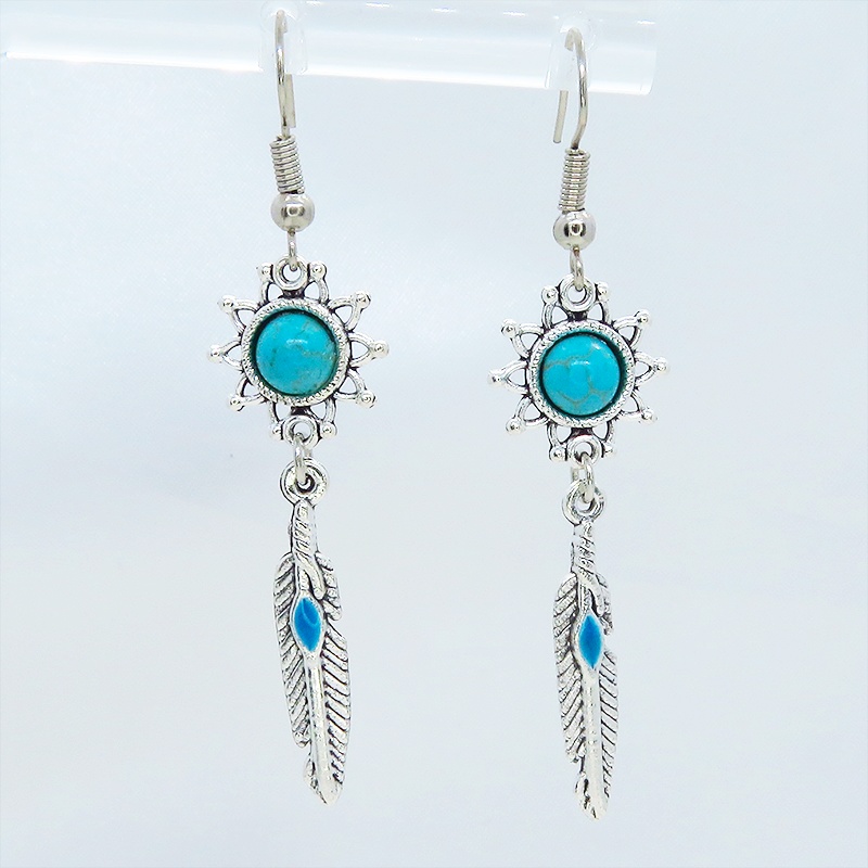 シルバーカラー フェザーとターコイズのひまわりを組合せたスリムなピアス サージカル可