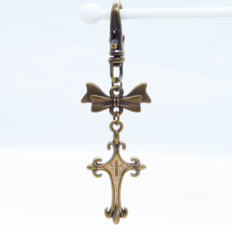 アンティークゴールド ゴシック調ロザリオとリボンのスリムなキーホルダー 金具変更可