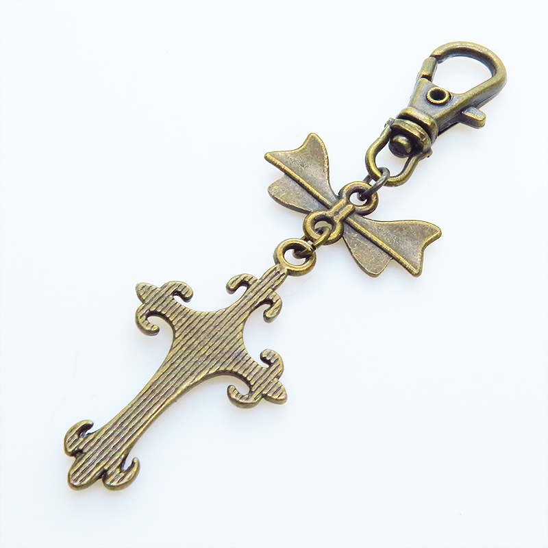 アンティークゴールド ゴシック調ロザリオとリボンのスリムなキーホルダー 金具変更可