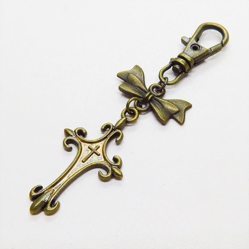 アンティークゴールド ゴシック調ロザリオとリボンのスリムなキーホルダー 金具変更可