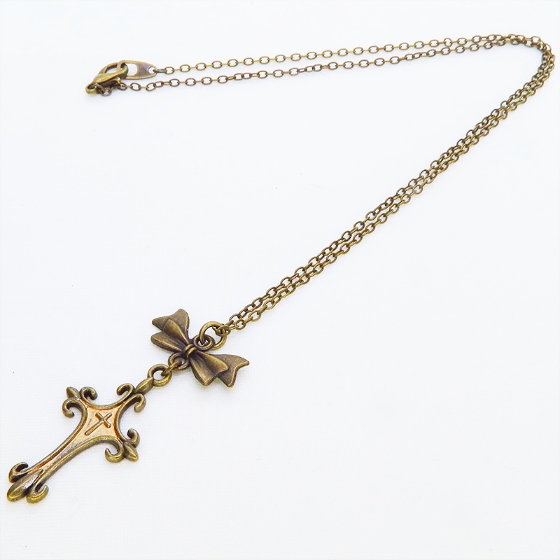 アンティークゴールド ゴシック調ロザリオとリボンのスリムなネックレス 長さ調整可